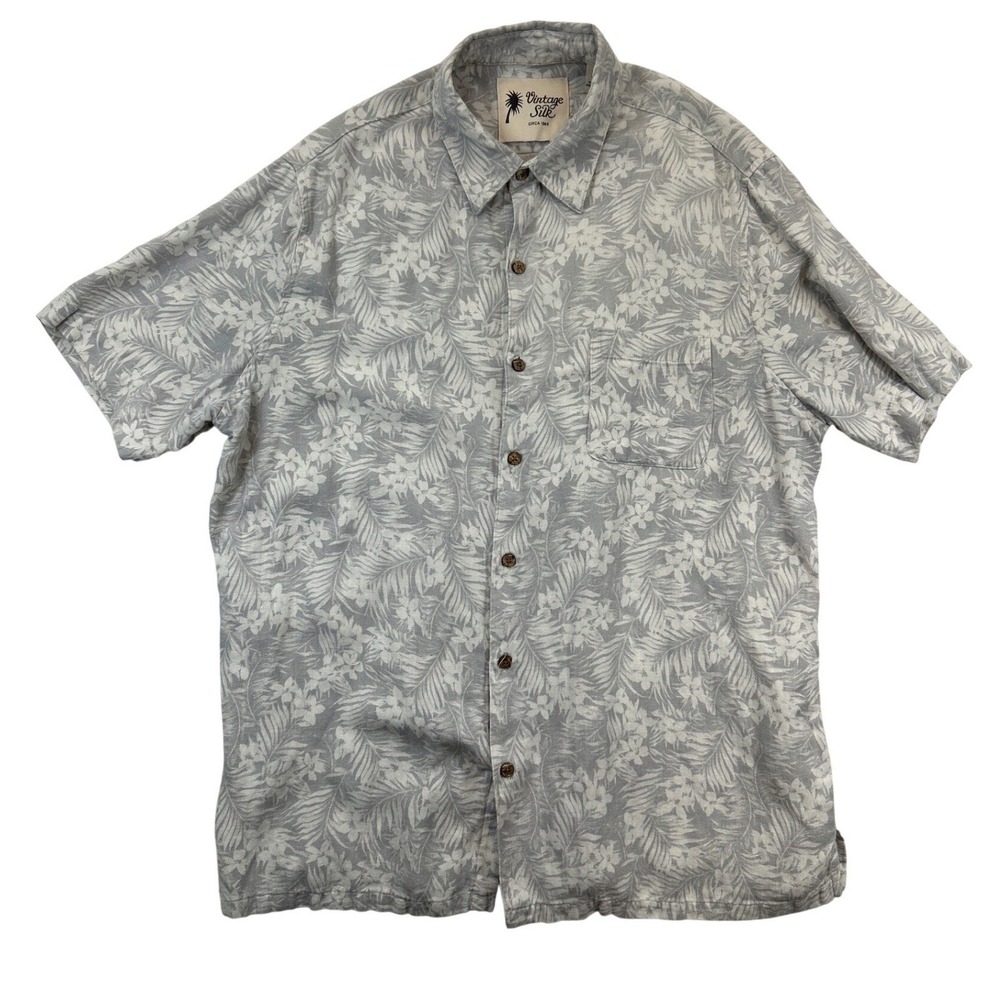 Vintage Silk Linen Shirt Mens XL Grey Tropical Palm Floral Button Up Camp Shirt
